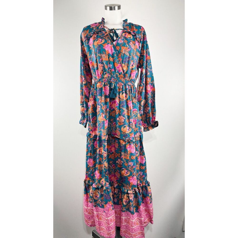 Anthropologie Teal Maxi Dress with Pink and Orange Floral Print - Picture 9 of 11